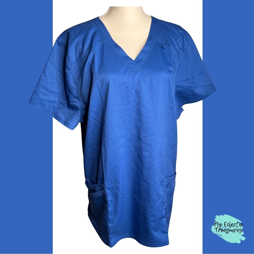 Landau ProFlex Scrub Top XXL Blue V Neck Stretch Medical NWT with Lime Accent